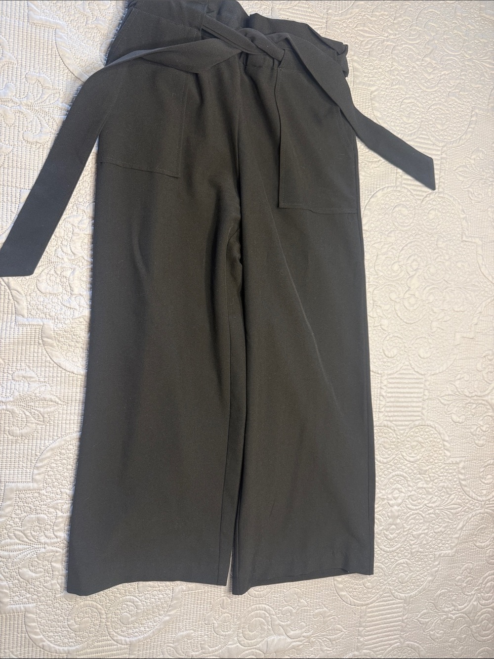 High-Rise Black Wide-Leg Ankle Pants with Self Tie Paperbag Waist